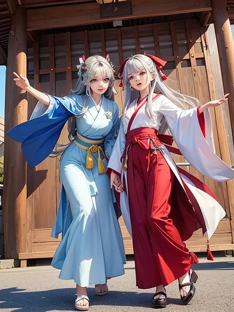 Two Girls、Shrine maiden、Dancing while spinning、Silver Hair、緑Silver Hair、Ruby eyes、Rainbow Eyes、Full body portrait、Costumes with long hems