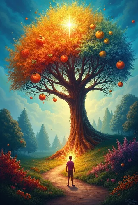 .	Colorful trees grow the future. A large tree is depicted in the center of the poster.、The leaves and branches are painted in various colors.。There is a person at the base of the tree々Gathered、The light of each person&#39;s color illuminates the tree.、Exp...