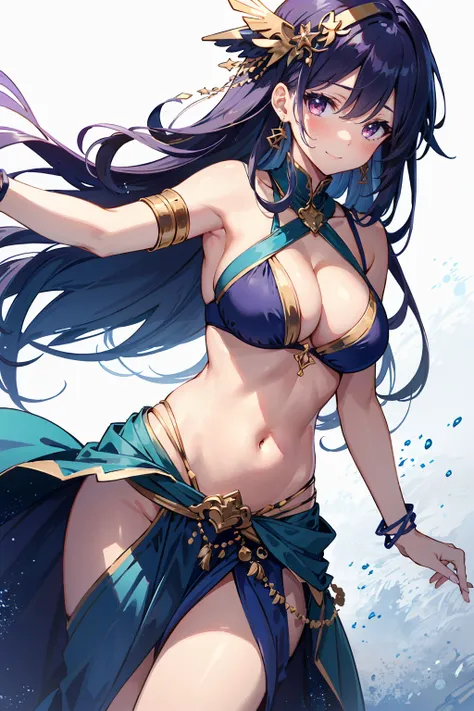 1girl, belly dancer, white background, red eyes, long hair, purple hair, harem outfit, bikini, pelvic curtain, purple costume, circlet, earrings, armlets, bracelets, bashful smile, dancing, large breasts, cleavage, soft stomach