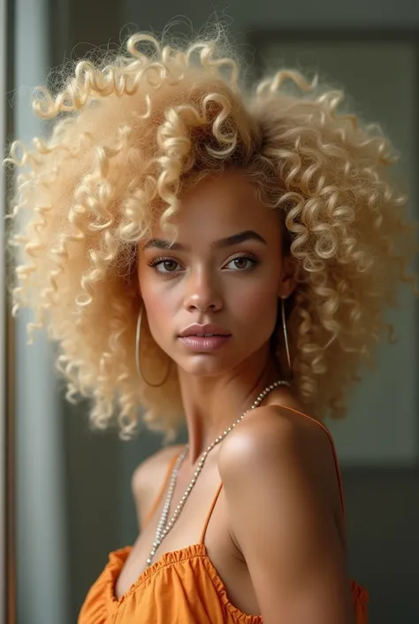 there is a blonde woman standing in front of a mirror, curled hair, with afro, Retrato tirado 8 K, Crespo, curls on top, afro Crespo, curled hair