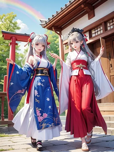 Two Girls、Shrine maiden、Kagura dance、Silver Hair、緑Silver Hair、Ruby eyes、Rainbow Eyes、Full body portrait、Costumes with long hems