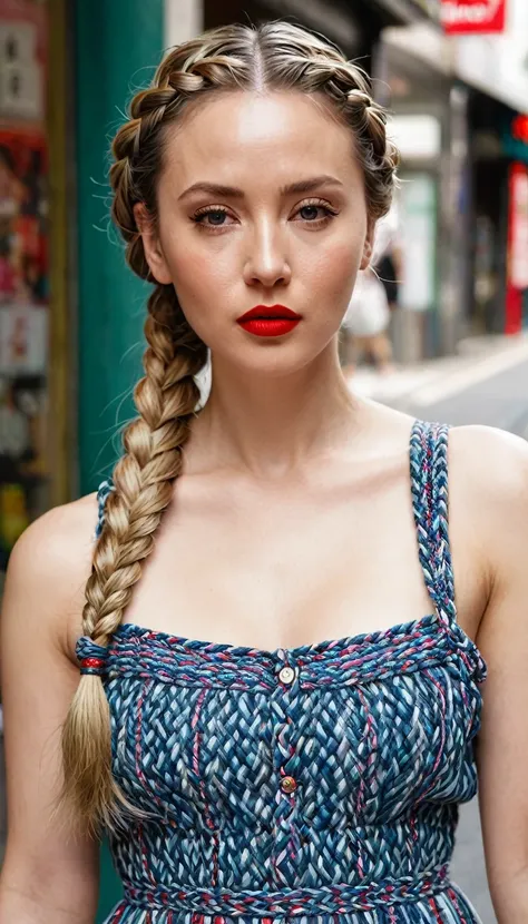 30 year old female, hyper real, 32K, beautiful woman, European braided hair, European style, red lipstick, casual maxi dress, rough, Shibuya...