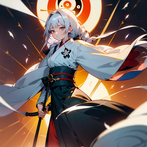 `Eirin Yagokoro` With dark grey eyes, long silver hair, has a large braid on her back and carries a strange pair of bow and arrow. Her Big And Long Kimono is red and blue and is covered with constellation patterns. She Also Uses Japanese Style Flower Pando...