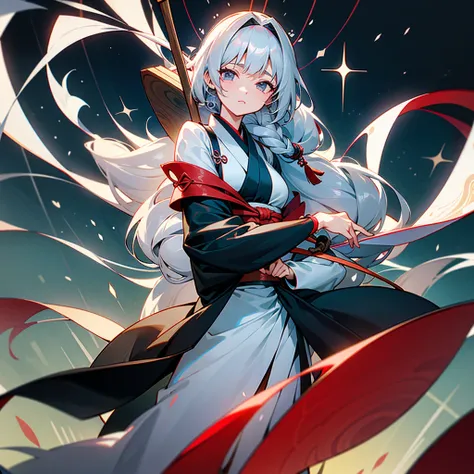 `Eirin Yagokoro` With dark grey eyes, long silver hair, has a large braid on her back and carries a strange pair of bow and arrow. Her Big And Long Kimono is red and blue and is covered with constellation patterns. She Also Uses Japanese Style Flower Pando...