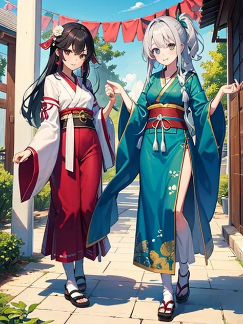 Two Girls、Shrine maiden、Kagura dance、Silver Hair、緑Silver Hair、Ruby eyes、Rainbow Eyes、Full body portrait、Costumes with long hems