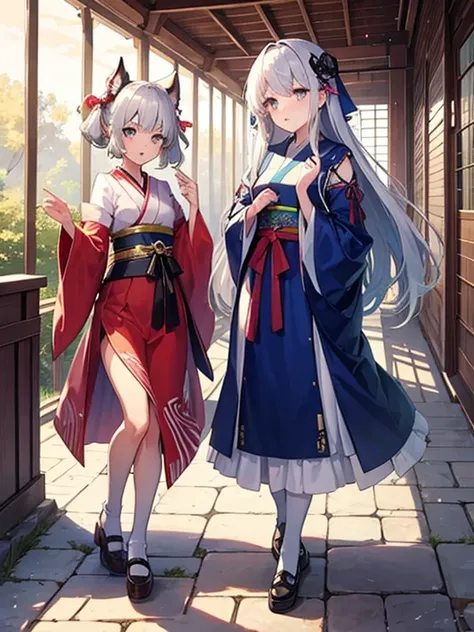 Two Girls、Shrine maiden、Kagura dance、Silver Hair、緑Silver Hair、Ruby eyes、Rainbow Eyes、Full body portrait、Costumes with long hems