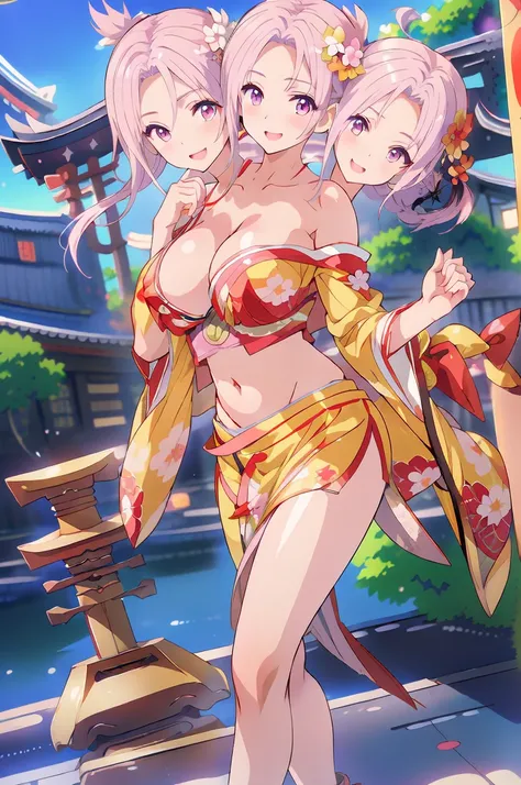 elise, 1girl (3heads:1.5), very huge breasts, long hair, masterpiece, best quality, highly detailed, a anime girls in kimono dress with a sword posing for a  picture, bare shoulder, open kimono, evil smile, open mouth, crop top , (nsfw) not safe for work, ...