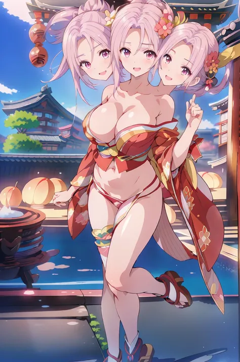 elise, 1girl (3heads:1.5), very huge breasts, long hair, masterpiece, best quality, highly detailed, a anime girls in kimono dress with a sword posing for a  picture, bare shoulder, open kimono, evil smile, open mouth, crop top , (nsfw) not safe for work, ...