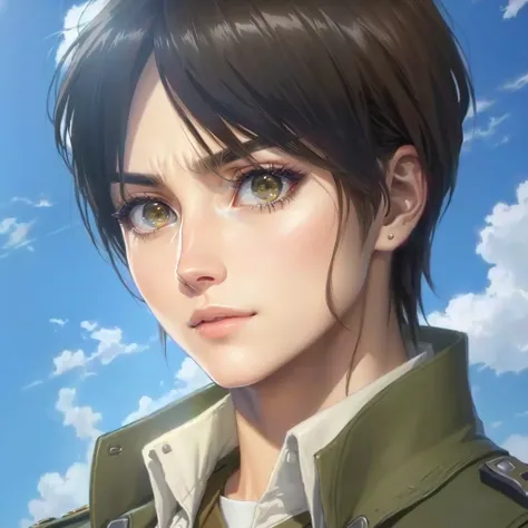 Close-up of a man in uniform looking at something, portrait of Ellen Yeager, Ellen Yeager, Ellen Yeager, from Attack on Titan, shingeki no kyojin, Levi Ackerman, (Attack on Titans anime), in Attack on Titan, Attack on Titan, Sunku, Attack on Titans, Attack...