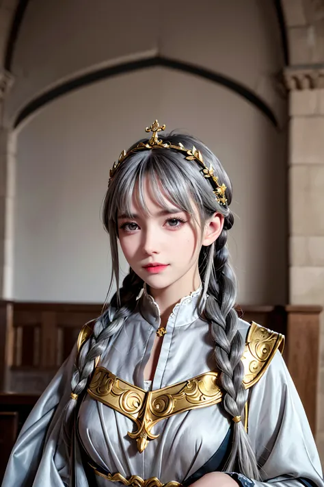 Highest quality, masterpiece,Gray Hair, Golden Eyes,Medieval dress, look up, Upper Body,hair,Fair skin,Side braid、Inside the medieval castle