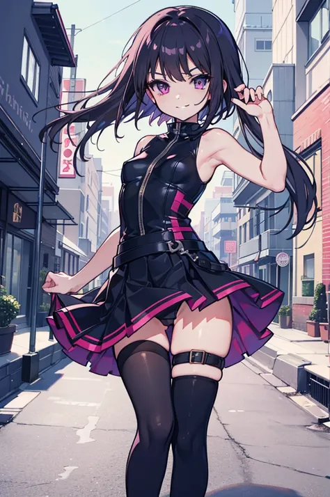 (hentai:1.1), (ideal:1.1), (perfection:1.1), (flawless:1.1), (best quality:1.2), (highest quality:1.2), dark alley, 1girl, solo, (loli:1.1), (cute little girl:1.1), cute smirk, cute face, cute outfit, skirt, long thigh high stockings, (thick thighs:0.9), s...