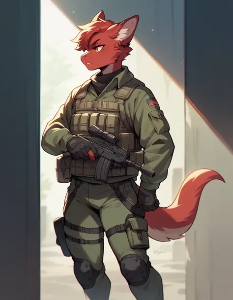 Anthropomorphic dragon, red fur, fluffy, tactical gear, femboy