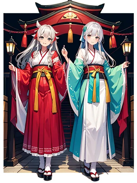 Two Girls、Shrine maiden、Kagura dance、Silver Hair、緑Silver Hair、Ruby eyes、Rainbow Eyes、Full body portrait、Costumes with long hems