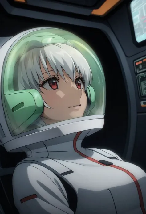 eva helm, spacesuit , astronaut), bubble helmet, space helmet, (1girl:1.1) wearing a (spacesuit:1.15), white cargo pants, (ugh, wtf do these buttons do:1.3), inside the cockpit of a (futuristic spaceship:1.1), sitting in the captains chair, (intricate cont...