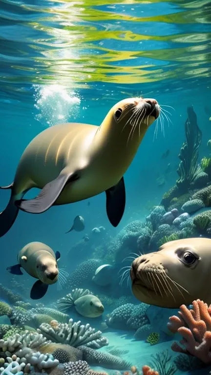 a sea lion playing and a seal with a starfish on a coral surrounded by seahorses in a tropical water sea