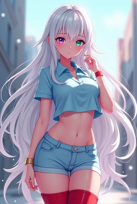 Anime girl with a good body with a short light blue polo shirt that shows her belly button and tight and where her breasts are visible and a high and very kawaii neckline and short almost light blue shorts that are tight on her legs and very beautiful red ...