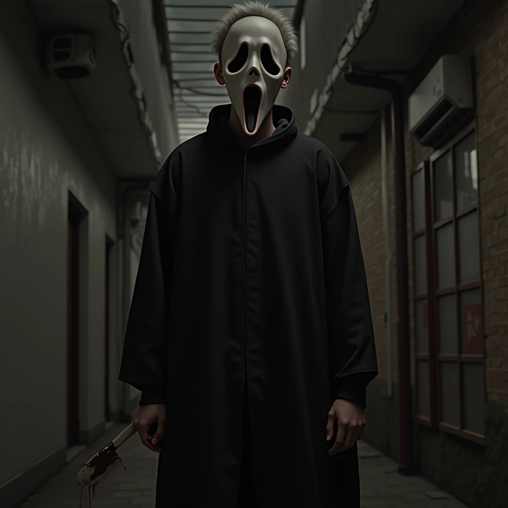 18 year old boy, 1,86 meters high, styled "Tokyo Revengers", Caucasian skin, Eyes red, white  hair, Korean appearance, Ghostface set, with the Ghostface mask in one hand and a bloodstained knife in the other. Scene of a dark alley 