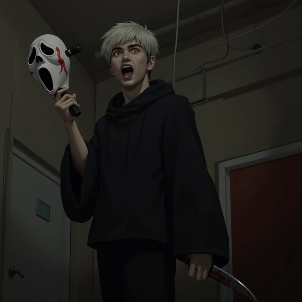 18 year old boy, 1,86 meters high, styled "Tokyo Revengers", Caucasian skin, Eyes red, white  hair, Korean appearance, Ghostface set, with the Ghostface mask in one hand and a bloodstained knife in the other. Scene of a dark alley 