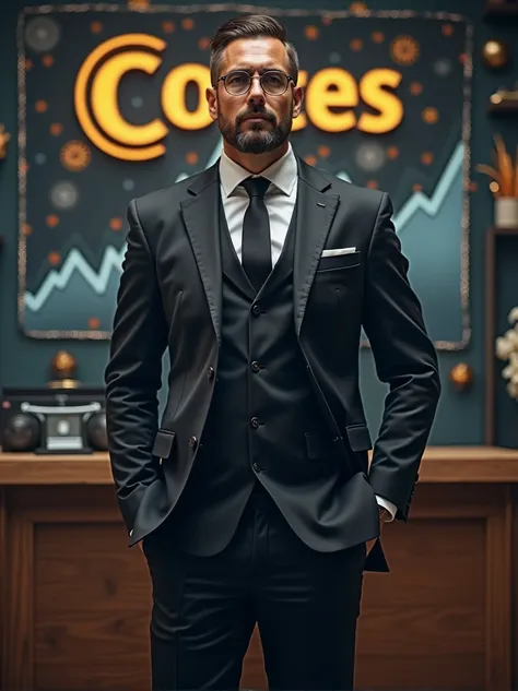 "A full-body image of a man standing, resembling Pablo Marçal, dressed in an elegant dark suit. The background suggests themes of money, featuring financial growth charts, currency symbols, or other prosperity symbols. In the background, there is a promine...