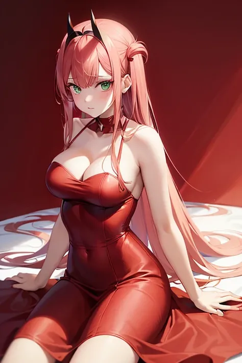 Zero two, red dress , green eyes, red eyeliner, red smal horns, pelo rosa 