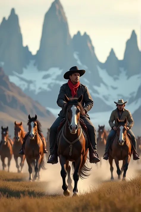 Gaucho with black beret and red scarf riding with more wild horses in Torres del Paine