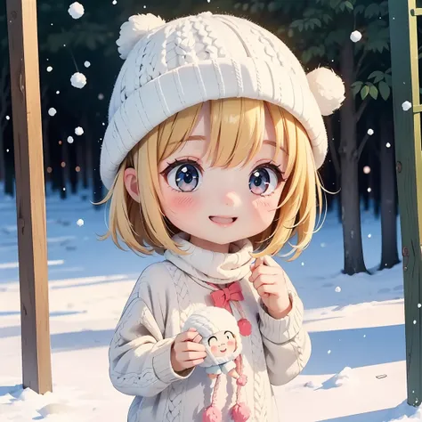 Super Chibi Character：1.8、Blonde Hair、Cute 7 year old girl、Knitted sweater、Wearing cute boots、Super Chibi Character：1.8、smile、Super Smile、Snow Scene、Making a snowman、Cute knitted hat