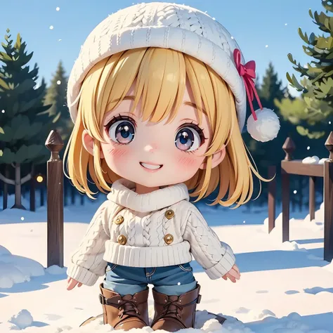 Super Chibi Character：1.8、Blonde Hair、Cute 7 year old girl、Knitted sweater、Wearing cute boots、Super Chibi Character：1.8、smile、Super Smile、Snow Scene、Making a snowman、Cute knitted hat