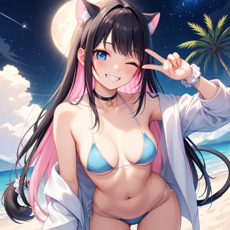 、moon、starry sky、firework、ocean、sandy beach、(realistic shadows)straight-on、breast focus、side tail、white scrunchie、long hair、(col...