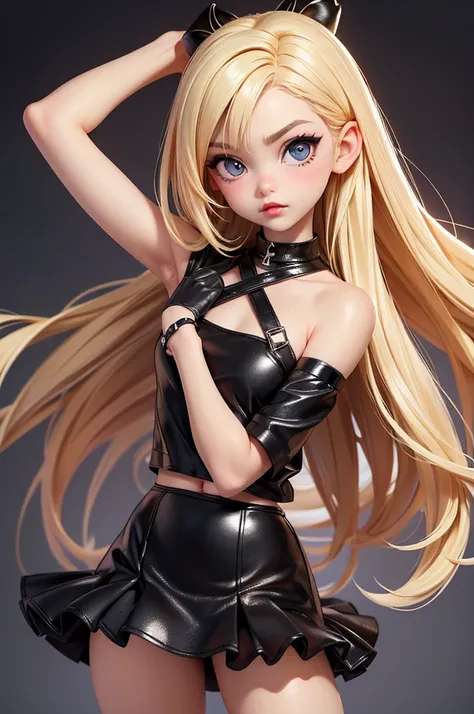 hyperrealistic 14 year old american teen, blonde, little, perfect tiny body, sexy, dark makeup, perfect slim face, big red lips, very cute face, tiny body, big eyes, young looking, childish looking, black party top, black tube skirt, at the disco
