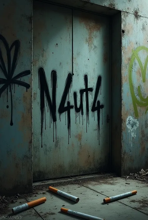 Graffiti written on wall " N4ut4 " dark depressive With cigarettes and image of marijuana herb 