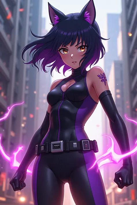 Young heroine from my Hero Academia with purple and black hair, brown eyes and cat-like power