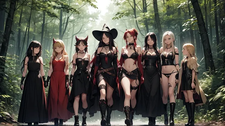 a group of beautiful witch girls in the middle of a forest in the night, tribal tattoo ,multiple girls,exposed belly, five girls, red and blonde hair , standing girl young girl, gloves, elbow pads, boots, smiles, small breasts, long black dress, necklaces,...