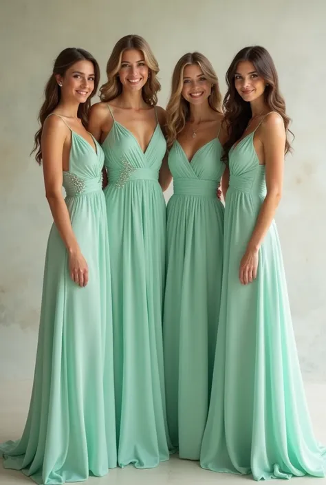 4 bridesmaids wearing modern mint green long dress