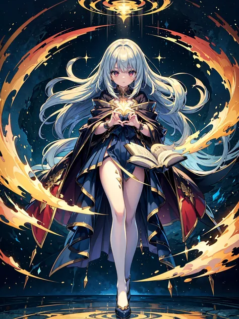 (((masterpiece, best quality, high detailed, 16k))) (1girl) A powerful sorceress with long, cascading hair that transitions from deep midnight blue to bright silver at the tips. Her sharp, golden eyes gleam with intelligence, and she is adorned in robes of...