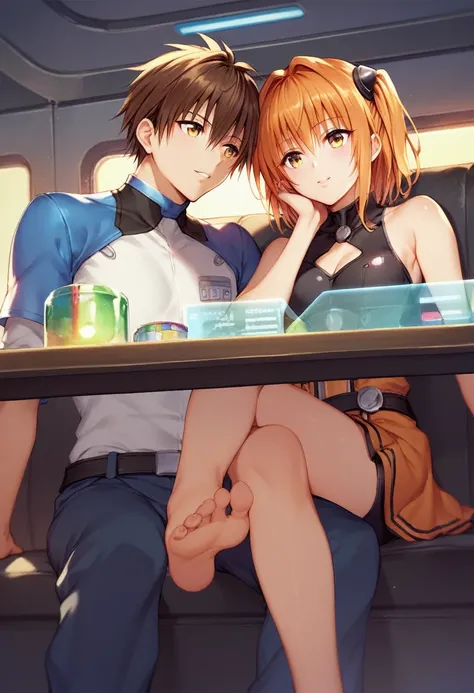 yuuki rito, yuuki mikan, to love ru, orange haired golden eyes male, dark brown haired golden eyed female, incest, brother and sister, date, interstellar restaurant, futuristic, highly advanced technological clothing, intimate, sci-fi, science fiction, she...