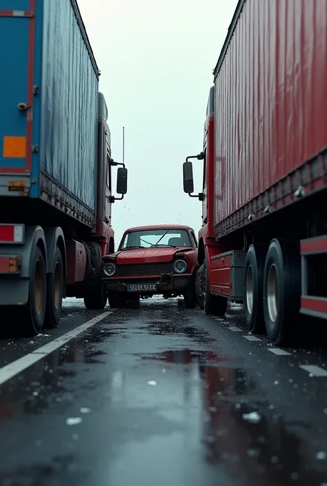 Car crushed between two trucks 