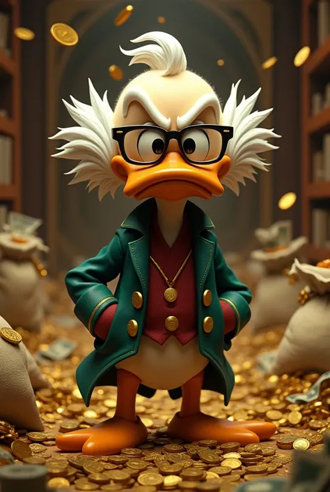 Create an image with Uncle Scrooge with lots of money 