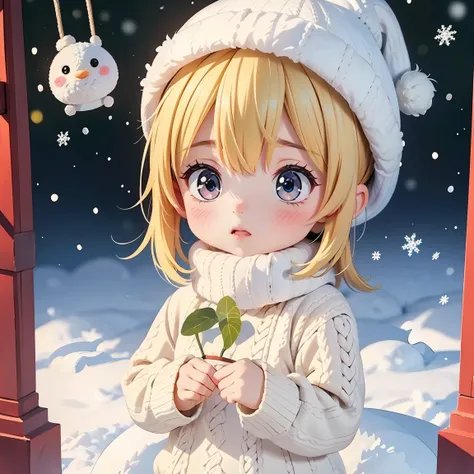 Super Chibi Character：1.8、Blonde Hair、Cute 7 year old girl、Knitted sweater、Wearing cute boots、Super Chibi Character：1.8、Breathing white breath、seems cold、Snow Scene、Making a snowman、Cute knitted hat