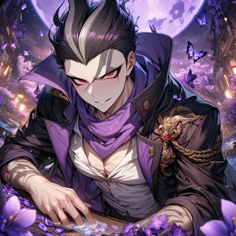 absurdres, highres, ultra detailed, HDR, master piece, best quality, extremely detailed, Tanaka Gundham, black hair, expressive red eyes, Danganronpa, solo, sexy man, handsome, handsome smile, sensual, horny, purple scarf, black coat, white T-shirt, fantas...