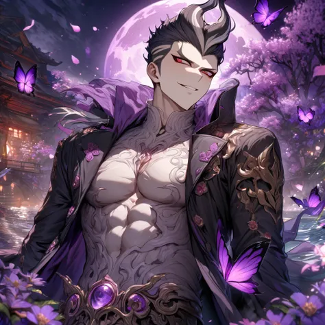 absurdres, highres, ultra detailed, HDR, master piece, best quality, extremely detailed, Tanaka Gundham, black hair, expressive red eyes, Danganronpa, solo, sexy man, handsome, handsome smile, sensual, horny, purple scarf, black coat, white T-shirt, fantas...