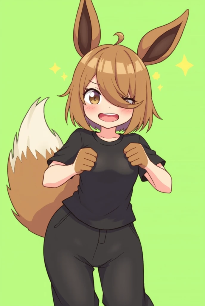 Excited expression, 1girl, anthro, furry, fur, fluffy fur, eevee girl eating poop, brown hair, short hair, messy hair, (19 years), medium breast, thicc thighs, solo, (green background), detailed, smug smile, (hair covering eyes), black shirt, baggy pants (...