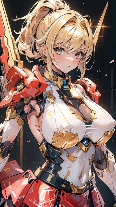 best quality, masterpiece, High resolution,, 1 girl, Detailed face, (Upper Body:1.6), actual, Rich in details, (Beautiful body:1.4),Red translucent armor，Arm mecha，blonde short hair，Long ponytail hairstyle，Huge Breasts，cleavage，Pistol hanging from waist，fi...