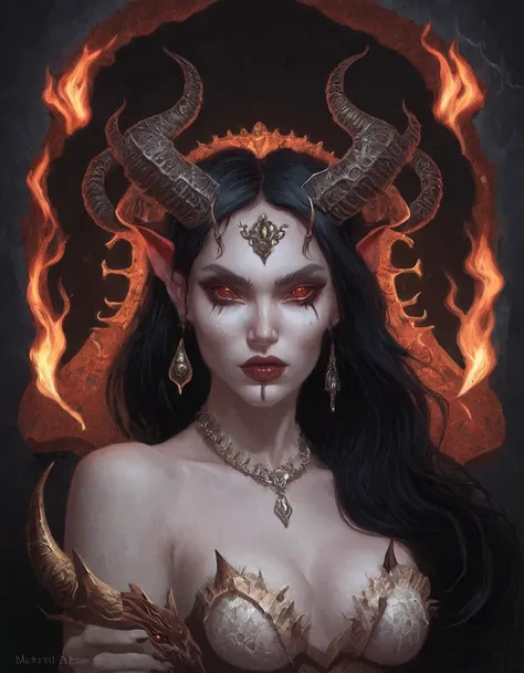 a woman with horns and a fire behind her, beautiful elegant demon queen, white horns queen demon, diablo 4 lilith, portrait of demon girl, succubus | medieval, beautiful succubus, dark fantasy style art, portrait of a female demon, epic fantasy art style, ...