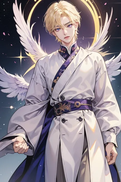 masterpiece, Best Quality, 2.5d illustration , 8k cg wallpaper, A handsome Korean high school boy with blond hair and violet eyes., The child wears angelic clothing, Angel wings, sexy korean bad boy, cara melancolica, sad