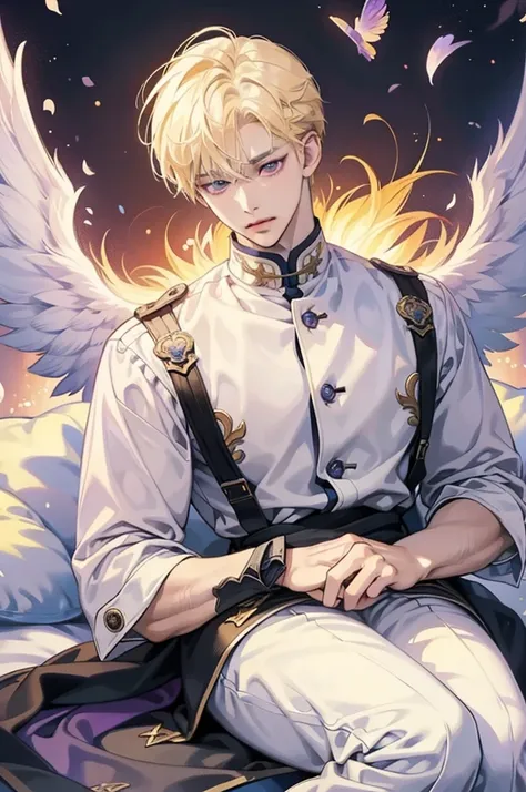 masterpiece, Best Quality, 2.5d illustration , 8k cg wallpaper, A handsome Korean high school boy with blond hair and violet eyes., The child wears angelic clothing, Angel wings, sexy korean bad boy, cara melancolica, sad