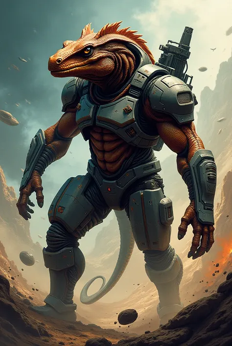 Brown alien being with a face similar to a comic book style lizard with a tall combat stature in a space war suit.