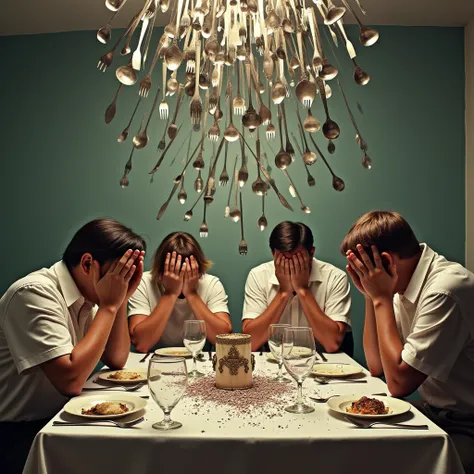 realistic photograph of a shower of hundred of forks, knives and spoons, all metal, falling on a dining room, the four people seated at the table cover their heads for fear of being hit by the cutlery, cutlery falls on the table and bounces all over the pl...