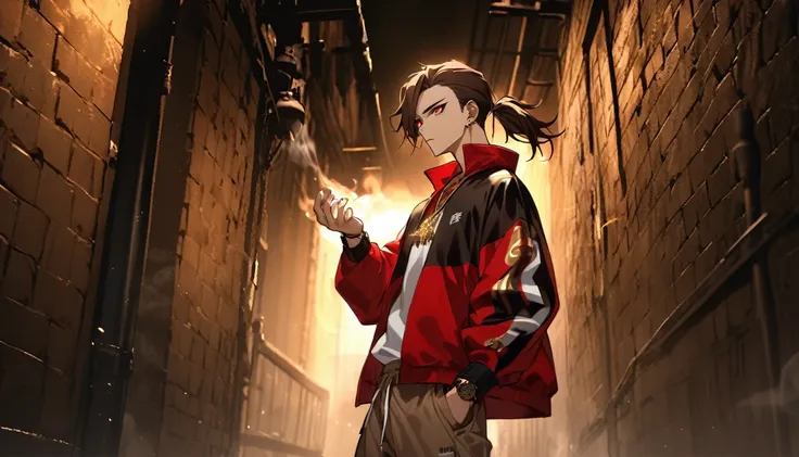 Solitary, Handsome, 1 male, Dark brown long hair ponytail, Side shaved hair，Red Eye, hip hop wear，White top，Red loose baseball jacket, Light brown loose knee shorts，white stockings，white sneakers，Wearing a gold watch on the left hand，Wear a gold necklace, ...