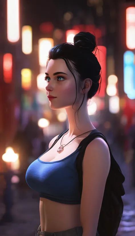 skini girl, red t-shirt , (((((pale skin)))))), blue eyes, white girl, deep black hair, ultra realistic, 16 years old, large breast, (((huge breast))), ponytail hair, candle lights, (Vista nocturna de la ciudad, Balcón moderno :1.1)