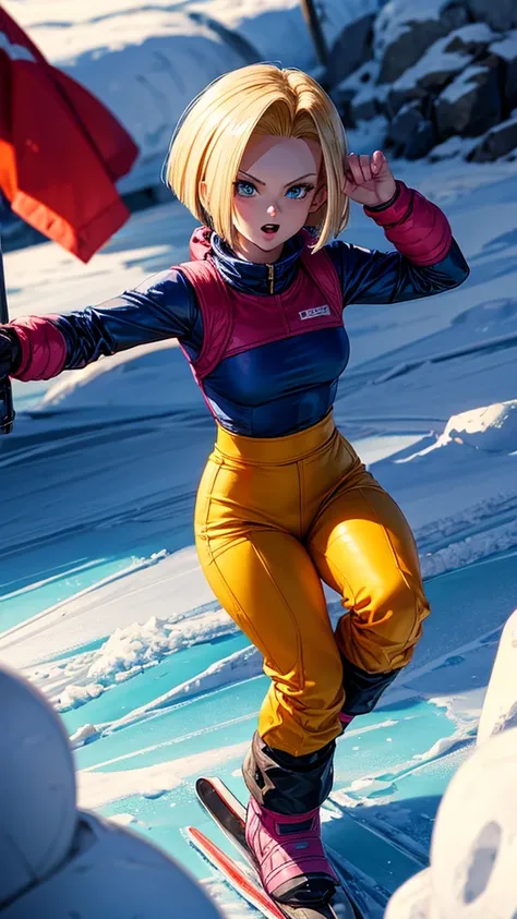 Android 18 from Dragon Ball is skiing in skiwear